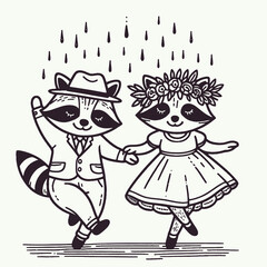 Obraz premium A charming illustration of two dancing raccoons in the rain, one wearing a hat and the other adorned with flowers, showcasing a whimsical and playful romance.