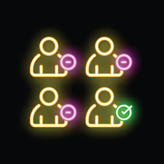 Neon icons showing people getting rejected and approved with check and cross marks