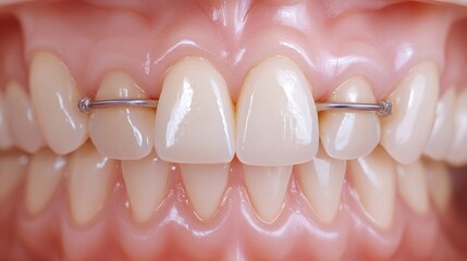 A detailed image of teeth with ceramic braces, showcasing their alignment, set against a white background.