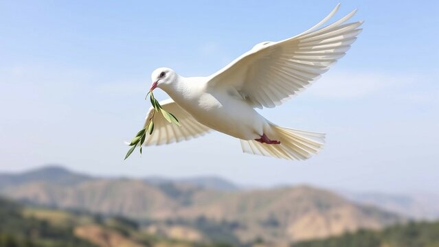 A white dove flies high above a peaceful landscape, holding an olive branch in its beak. Gentle hills and a clear sky are visible in the background. The image symbolises hope, peace and the desire for a better future, AI generated, AI generated