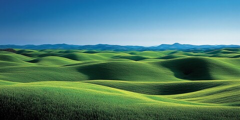Obraz premium Vast green hills under a clear blue sky, showcasing natural beauty.