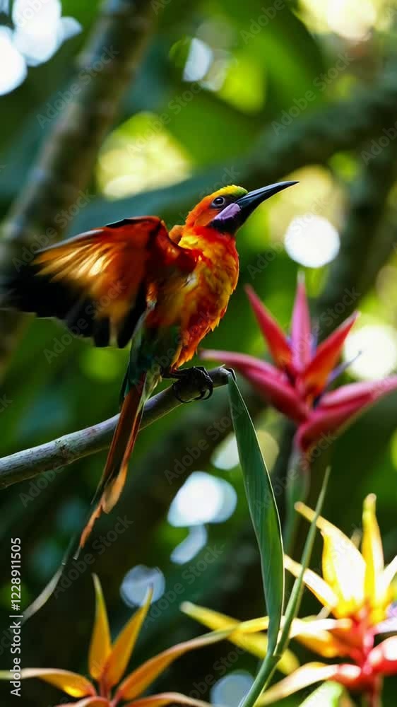 Poster a tropical bird of paradise spreading its colorful plumage while perched on a branch surrounded by f