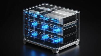 Transparent server rack showcasing internal components with glowing blue accents on a dark background.