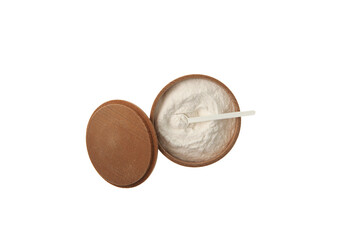 Sodium Carboxymethyl Cellulose powder, NaCMC. Food additive E466 in wooden bowl, top view. Carboxymethylcellulose; carmellose or croscarmellose. Binding agent, Thickener.