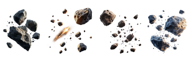 Flying asteroids isolated on transparent background

