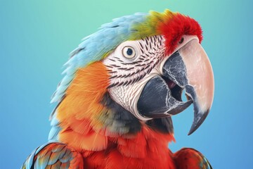 Fototapeta premium Head of colorful parrot on blue background. KI generiert, generiert AI generated