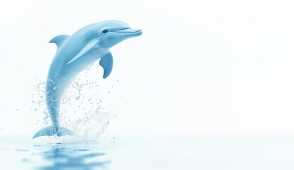 Blue dolphin leaps joyfully out of the water with splash against white background