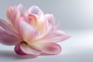 Fototapeta premium Close-up floral photograph of a pastel bloom on white, highlighting its intricate petal structure and soft color gradient