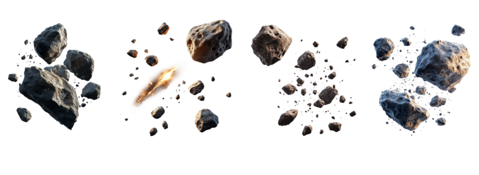 Flying asteroids isolated on transparent background

