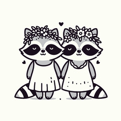 Obraz premium Two cute raccoons in floral headbands and dresses, holding hands with hearts above, exuding charm and friendship.