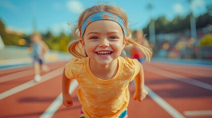 Smiling little girl running on track during race, wearing yellow shirt and blue headband, full of joy, energy, and determination, childhood fun and an active lifestyle