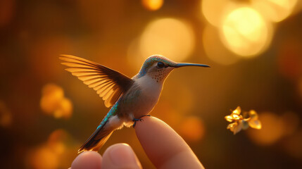 Fototapeta premium A tiny hummingbird with metallic blue and emerald feathers, delicately grasping the tip of a human finger with its minuscule talons