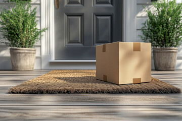 Cardboard package sits on doormat in front of stylish gray door. Scene represents home delivery and online shopping convenience in a suburban setting