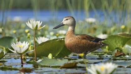 Obraz premium KI generated, animal, animals, bird, birds, biotope, habitat, a, individual, swims, water, reeds, water lilies, blue sky, foraging, wildlife, summer, seasons, northern shoveler (Spatula clypeata), female