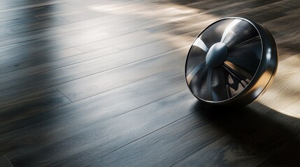 Portable fan on wooden floor in sunlit room.