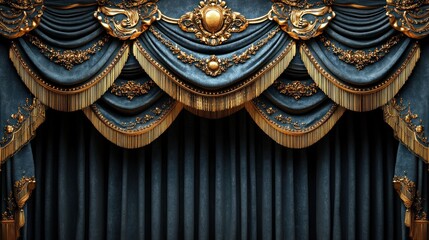 Fototapeta premium Luxurious teal velvet stage curtains with gold detailing.