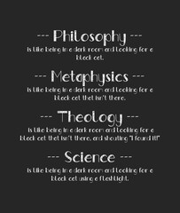 The Black Cat Analogy shows the difference between Philosophy, Metaphysics, Theology and Science. Funny text art illustration science vs religion comparison concept. Creative banner design