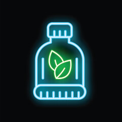 Obraz premium Glowing neon line bottle of tea with leaf icon isolated on a black background. Vector illustration