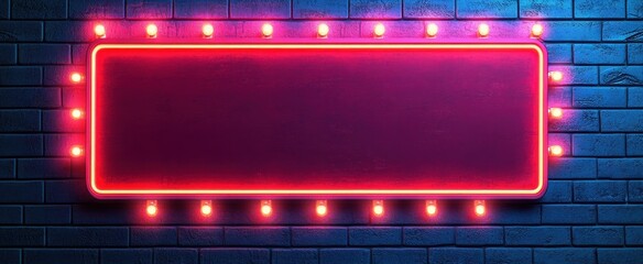 Obraz premium Retro-style neon sign with glowing lights and dark brick wall background