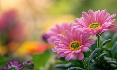 Obraz premium A cluster of blooming pink chrysanthemums on a background of soft green tones. The petals of the chrysanthemum are stacked in layers, with a yellow stamen in the center, which looks particularly brigh