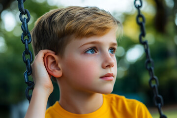 Pensive Young Boy on a Swing in a Park Surrounded by Nature in Soft Focus Background