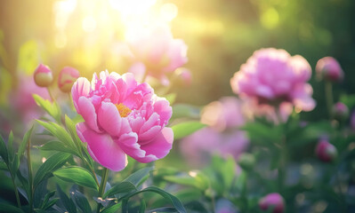 Obraz premium A cluster of blooming pink chrysanthemums on a background of soft green tones. The petals of the chrysanthemum are stacked in layers, with a yellow stamen in the center, which looks particularly brigh