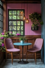 Fototapeta premium Cozy corner with pink walls, teal table, and mauve chairs.