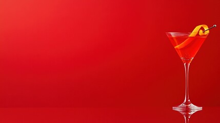 Red cocktail in martini glass with orange peel, red background.
