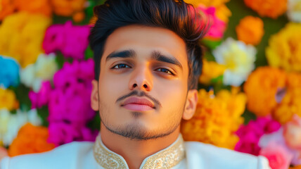 Obraz premium Young Man Relaxing Among Colorful Petals with Floral Background in Vibrant Environment