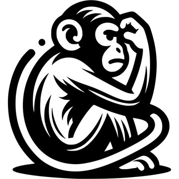 Tattoo of thoughtful monkey scratches forehead in monochrome. Intelligent humanoid primate. Engraving minimalistic vector in black ink drawing on transparent background