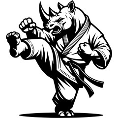 Karate rhino athlete throws straight kick attacking position in monochrome. Rhinoceros sportsman animal in human form roars. Tattoo minimalistic vector in black ink drawing on transparent background