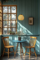 Sunlit corner with wooden chairs, table, and plants.