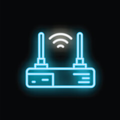 Neon style icon of a wifi router emitting internet signal with two antennas, representing wireless connection and technology