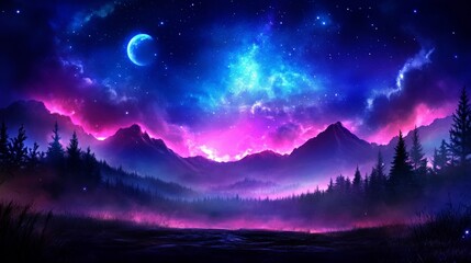 Fototapeta premium Surreal night with a celestial sky. Mountains and a vibrant forest create fantasy landscape. Moon and stars align in mystical setting perfect for artistic wallpaper.