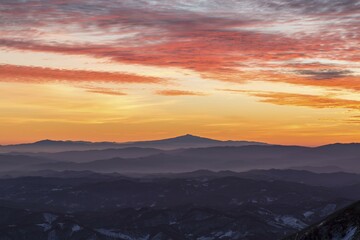 View of Mount Amiata in winter from Mount Nerone, Monte Nerone, at sunset, Apennines, Marche, Italy, Europe
