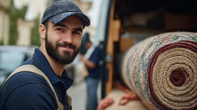 Smiling delivery man with rolled carpet