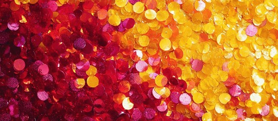 Red and yellow glossy confetti pieces, festive decorations.