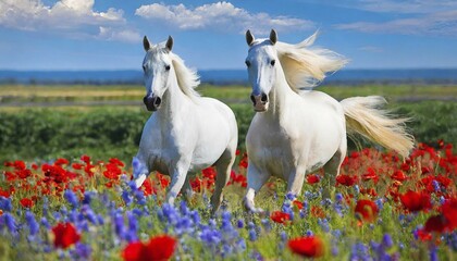 Obraz premium KI generated, A horse, horses, Arabian, in front of a blue sky, thoroughbred Arabian, AV, Arabian thoroughbred, (Eqqus ferus caballus), running in a meadow with colourful flowers