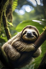 Fototapeta premium Sloth lounging in lush jungle treetop AI generated