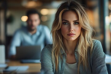 Obraz premium A woman with long blonde hair sits at a desk in an office setting, thoughtfully looking into the camera while a blurred figure works in the background. She is wearing a grey shirt.