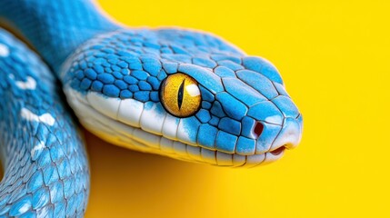 Close-up of a vibrant blue snake's head against a yellow background.