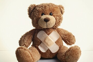 Obraz premium Teddy bear with two big crossed plasters on his chest sitting on a beige background, AI generated, AI generated, ai generated