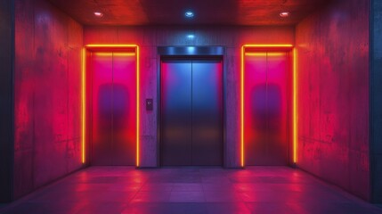 Elevator doors framed by neon lights in a modern industrial setting, AI generated