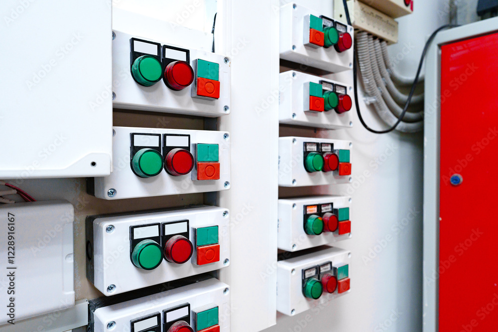 Poster control panel with multiple switches and indicators used for industrial automation in a factory sett