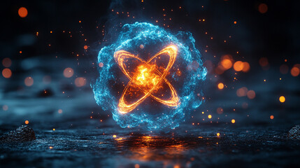 A futuristic depiction of atomic structure with electrons orbiting the nucleus symbolizing quantum mechanics concepts minimalistic bright tone modern blurred empty caption space on the side

