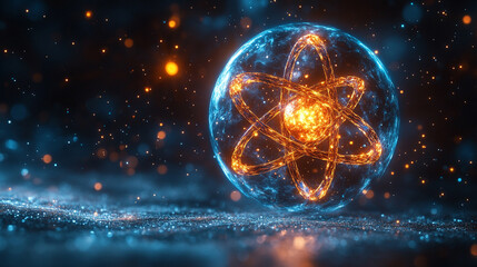 A futuristic depiction of atomic structure with electrons orbiting the nucleus symbolizing quantum mechanics concepts minimalistic bright tone modern blurred empty caption space on the side

