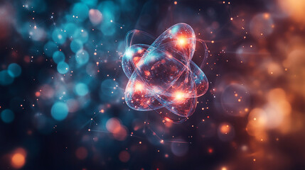 A futuristic depiction of atomic structure with electrons orbiting the nucleus symbolizing quantum mechanics concepts minimalistic bright tone modern blurred empty caption space on the side