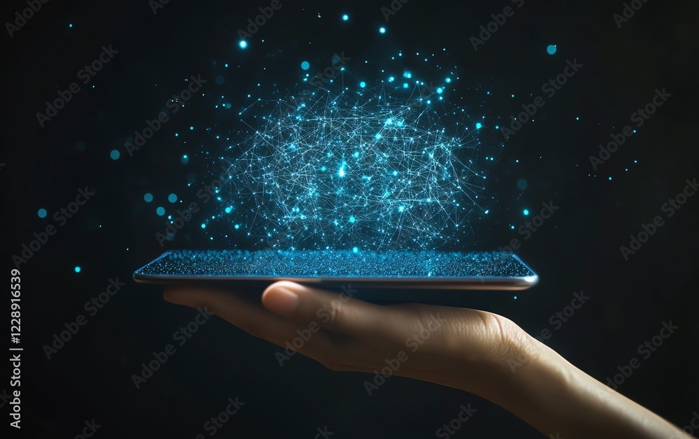 Poster AI technology concept with a hand holding a tablet showing a glowing neural network