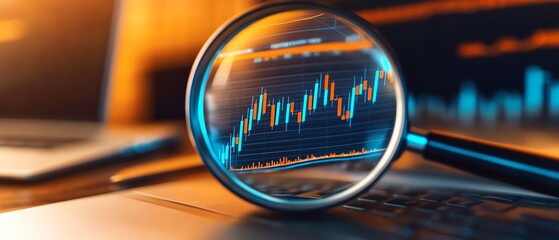 Magnifying glass over financial data analysis.