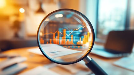 Close-up of charts through a magnifying glass.